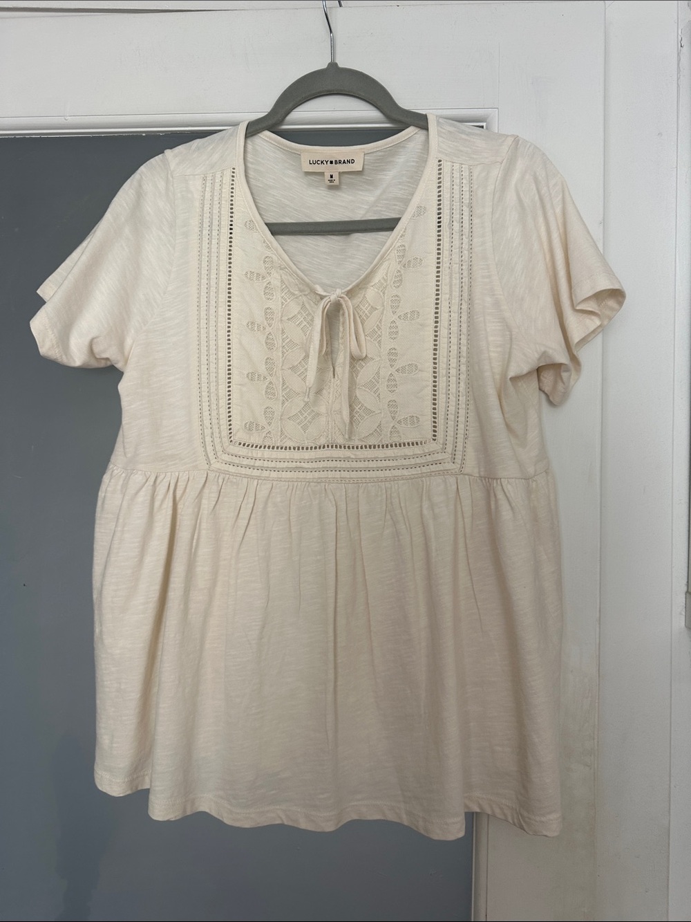 Lucky Brand Cream Embroidered Peasant Top with Tie Neck